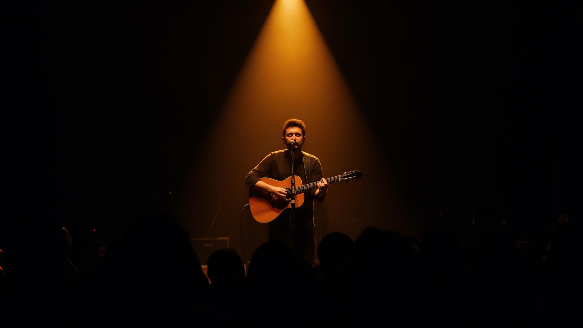 Solo acoustic performer under warm amber stage spotlight in front of a crowd silhouette